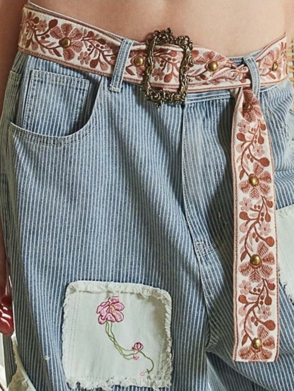 POL Embroidered Floral Belt with Ornate Buckle